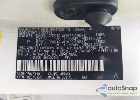 2011 Toyota Highlander Base V6 z USA, uszkodzony, nr VIN 5TDBK3EH8BS050146